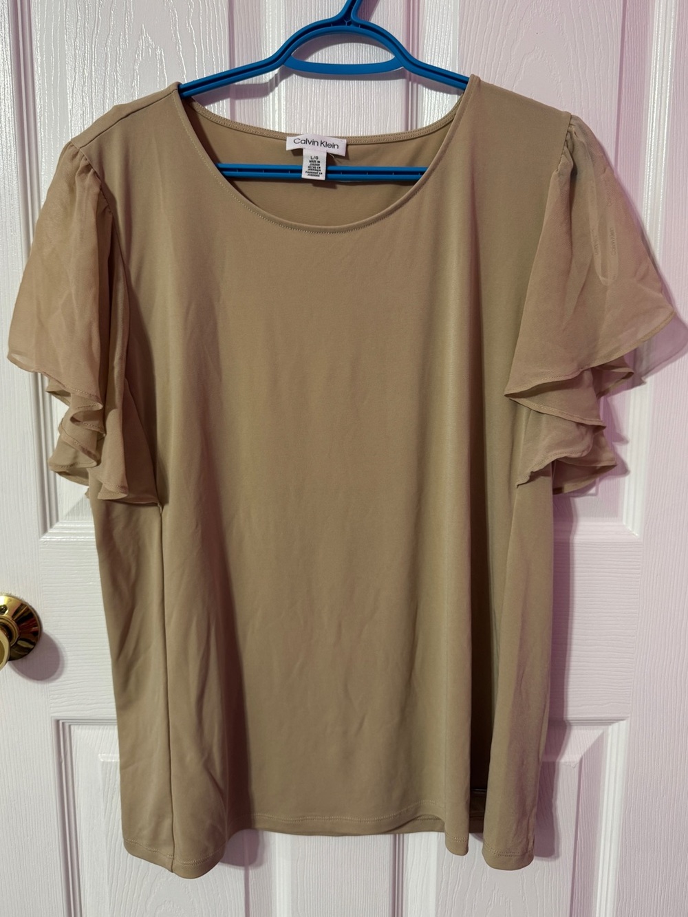 Calvin Klein Taupe Layered Ruffle Sleeve Blouse